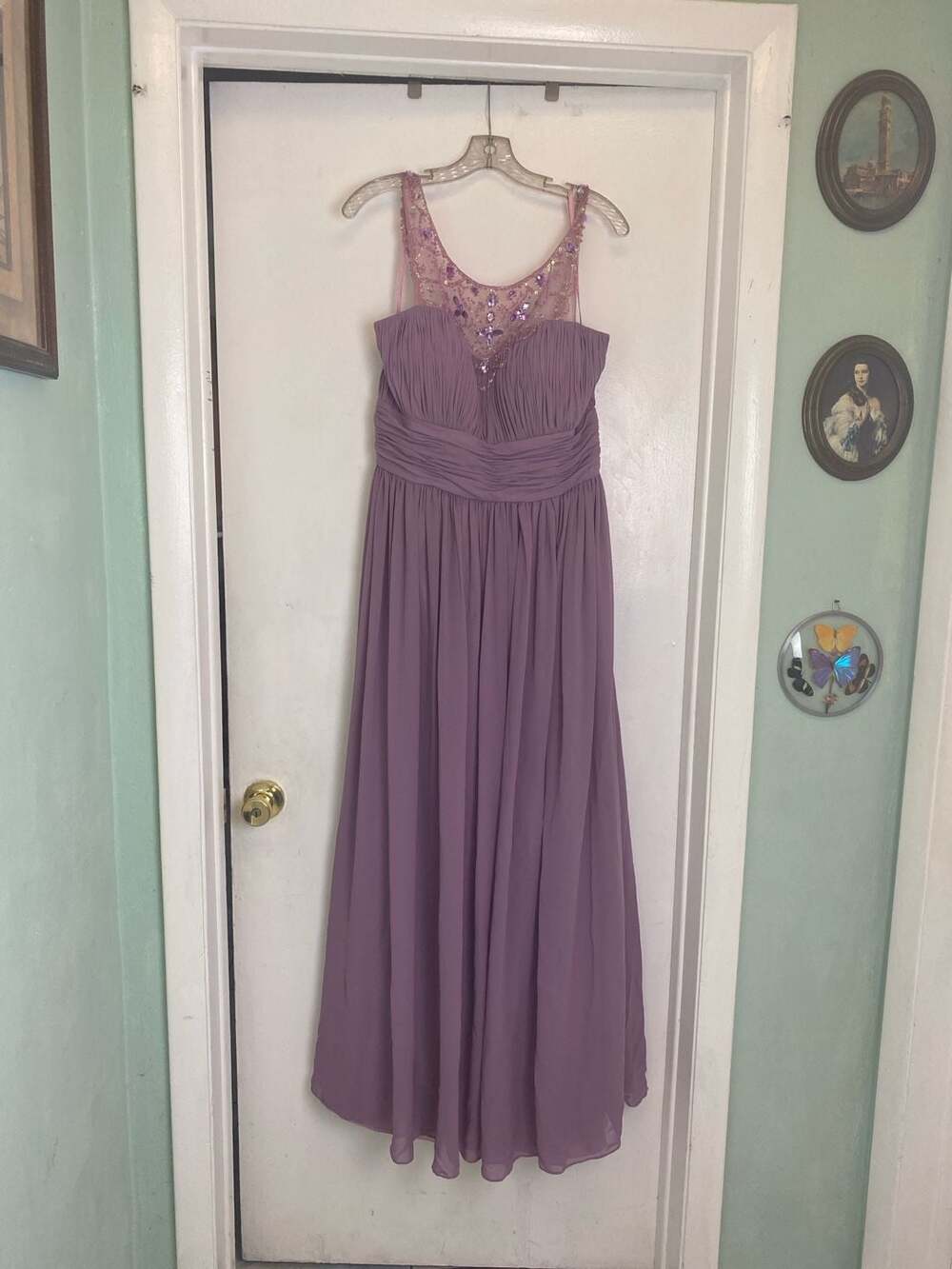 Chicas Plum Chiffon Sleeveless Evening Gown with Beaded Illusion Neckline